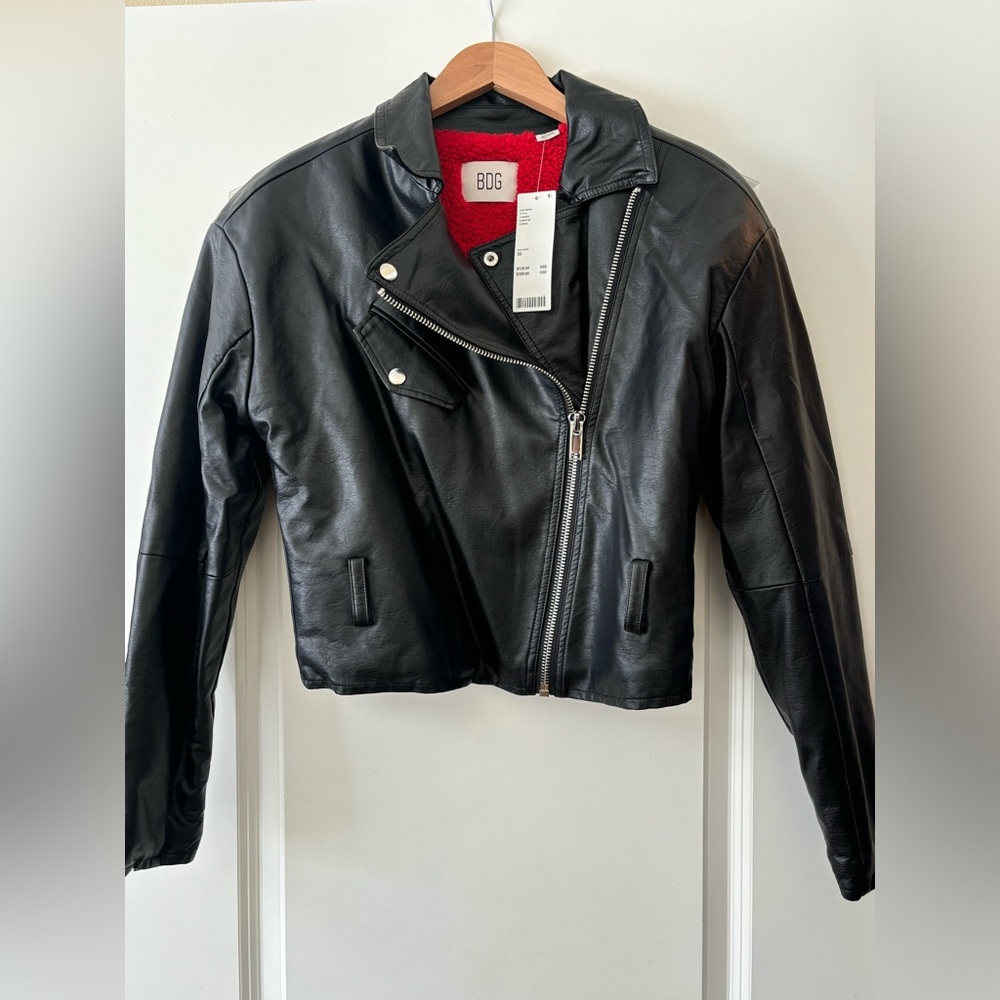 BDG Black Leather Moto Jacket with Red Lining NWT